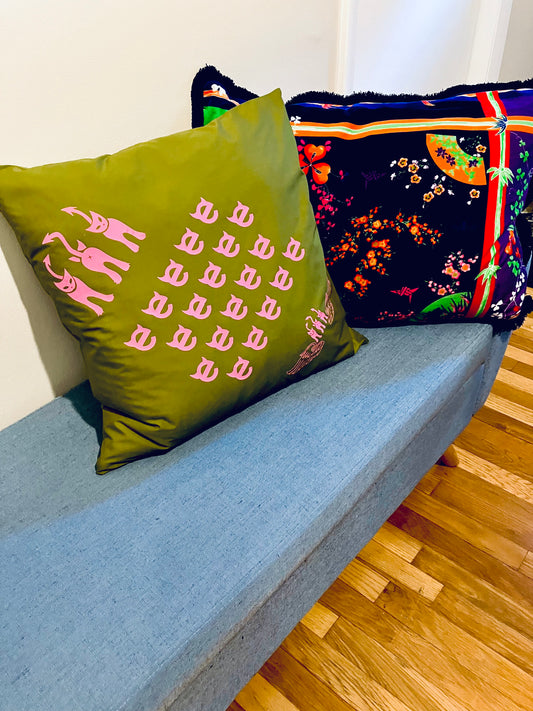 Pink Mischief on Green Pillowcase