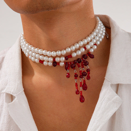 Halloween Blood Drop Tassel Pearl Crystal Necklace