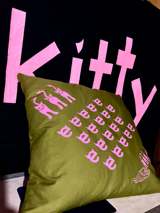 Pink Mischief on Green Pillowcase